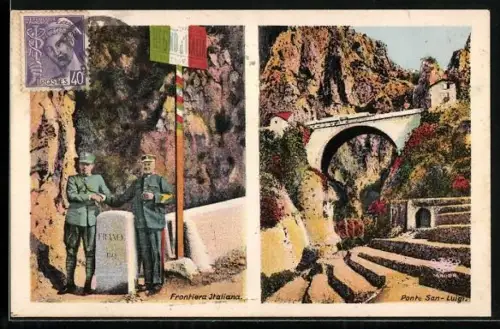AK Ponte San-Luigi, Ponte San-Luigi und italienisch-französische Grenze mit Zöllnern