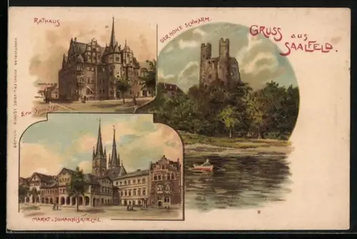 Künstler-AK Erwin Spindler: Saalfeld / Saale, Blick auf Rathaus, Markt, Johanniskirche und der Hohe Schwarm