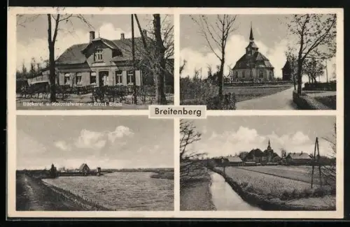 AK Breitenberg / Itzehoe, Bäckerei und Kolonialwaren v. Ernst Eifels, Kirche, Ortsansicht mit Feldflur