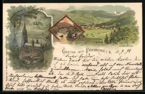 Lithographie Freiburg / Breisgau, Güntersthal, Münster vom Schlossberg gesehen