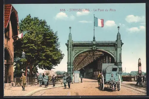 AK Strasbourg, Le Pont du Rhin avec des passants et une voiture à cheval