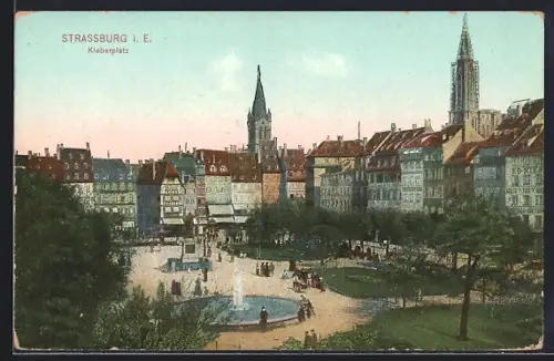 AK Strassburg i. E., Kleberplatz mit Springbrunnen