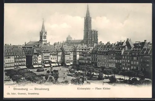 AK Strasbourg, Place Kléber avec la cathédrale en arrière-plan