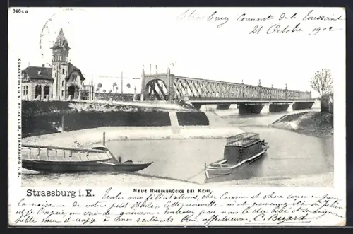 AK Strassburg i.E., Neue Rheinbrücke bei Kehl mit Booten auf dem Fluss