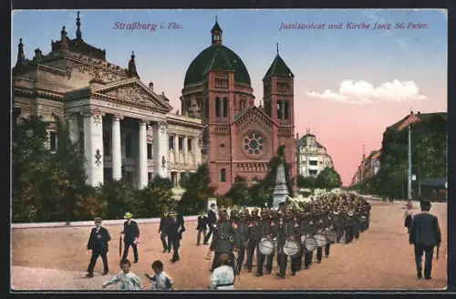 AK Strassburg i. Els., Justizpalast und Kirche Jung St. Peter mit Parade auf dem Platz