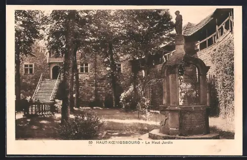 AK Haut-Koenigsbourg, Le Haut Jardin du château avec fontaine et architecture médiévale