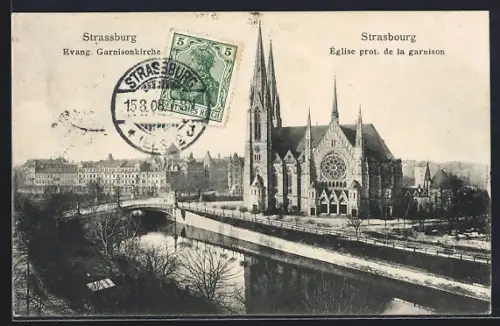 AK Strasbourg, Église prot. de la garnison et pont sur la rivière