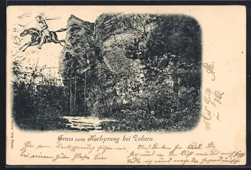 AK Zabern, Felsen Karlsprung mit Reiter