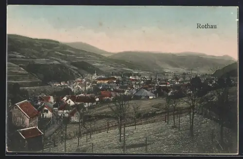 AK Rothau, Vue panoramique du village entouré de collines verdoyantes