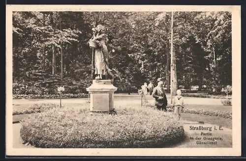 AK Strassburg, Partie in der Orangerie mit Gänseliesel