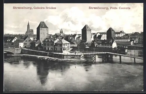 AK Strasbourg, Ponts Couverts et vue sur la ville