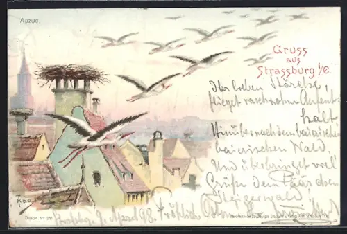 Lithographie Strassburg i. Els., Storche ziehen ab