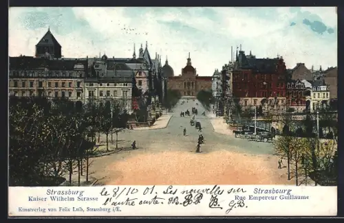AK Strasbourg, Rue Empereur Guillaume avec vue sur la place animée