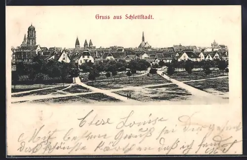 AK Schlettstadt, Vue panoramique de la ville avec parcs et architecture historique