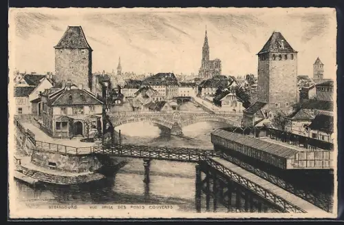 Künstler-AK Strasbourg, Vue générale des Ponts Couverts