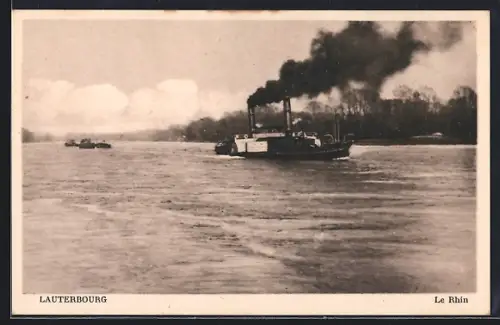 AK Lauterbourg, Le Rhin avec bateau à vapeur naviguant sur le fleuve