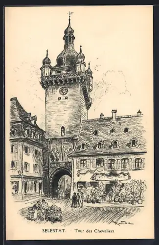 Künstler-AK Sélestat, Tour des Chevaliers et scène de rue animée