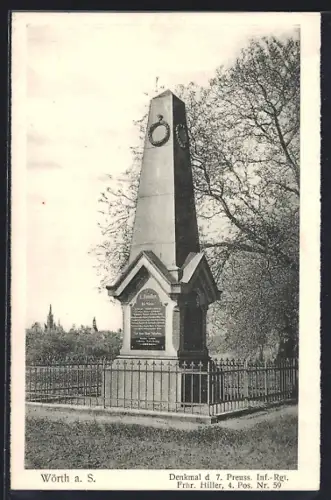 AK Wörth a. S., Monument du 7e régiment d`infanterie prussien Frhr. Hiller