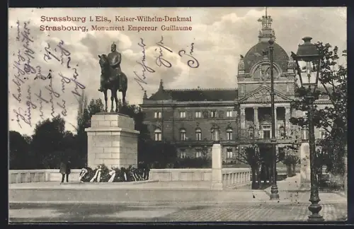 AK Strasbourg, Monument Empereur Guillaume devant un bâtiment historique