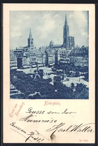AK Strasbourg, Vue sur la place Kléber avec la cathédrale en arrière-plan
