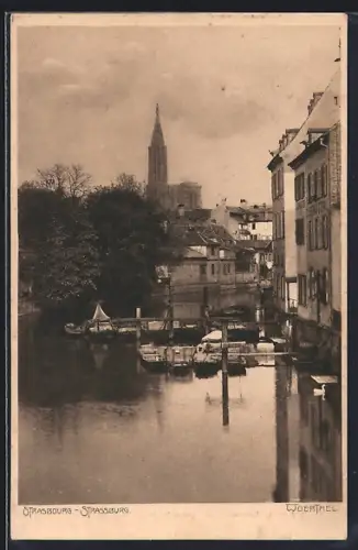 AK Strasbourg, Vue de la cathédrale depuis le canal avec bateaux