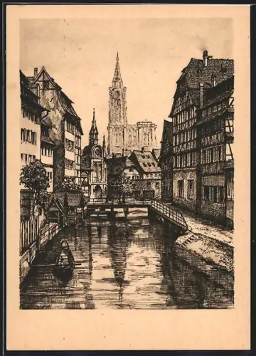 Künstler-AK Strasbourg, Vue sur la cathédrale et le canal avec barque