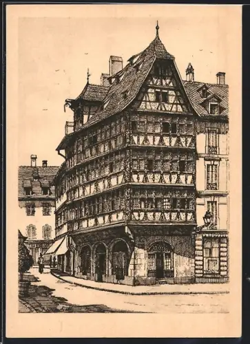 Künstler-AK Strasbourg, Vue de la Maison Kammerzell avec détails architecturaux