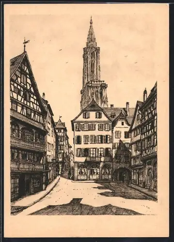 Künstler-AK Strassbrg, Strassenpartie am Ferkelmarkt