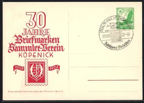 AK Berlin-Köpenick, 30 Jahre Briefmarken Sammler-Verein Köpenick 1937, Ganzsache