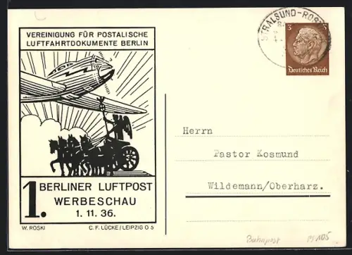 AK Berlin, 1. Berliner Luftpost-Werbeschau 1936, Flugzeug und Quadriga, Ganzsache
