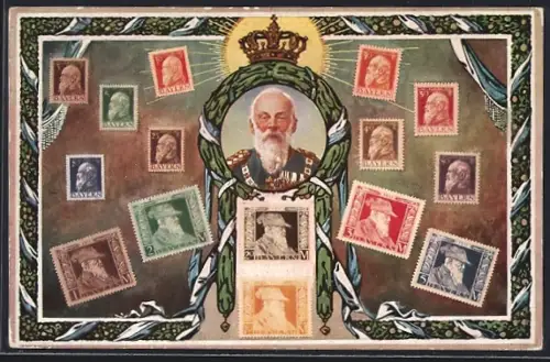 AK Prinzregent Luitpold, Portrait umrahmt von Bayern-Briefmarken, Ganzsache Bayern