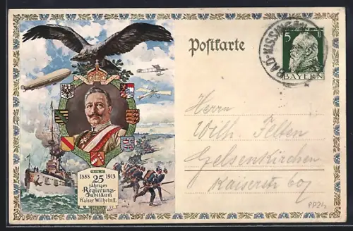 Künstler-AK Kaiser Wilhelm II. im Portrait mit schwarzem Adler, Zeppelin, Kriegsschiff, Ganzsache Bayern