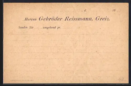 AK Greiz i. V., Herren Gebrüder Reissmann, Ganzsache
