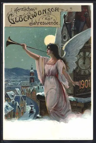 AK Engel mit Fanfare auf dem Kirchturm, Jahreszahl 1901, Ganzsache