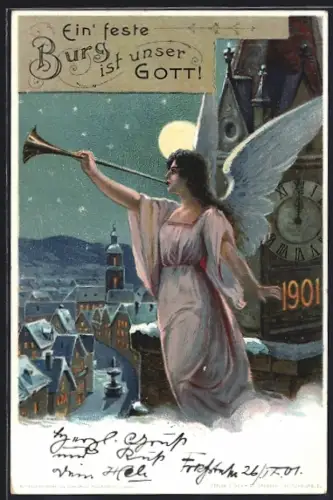 AK Engel mit Fanfare auf dem Kirchturm, Jahreszahl 1901, Ganzsache