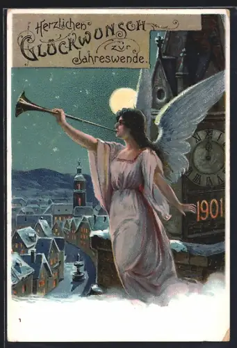 AK Engel mit Fanfare auf dem Kirchturm, Jahreszahl 1901, Ganzsache