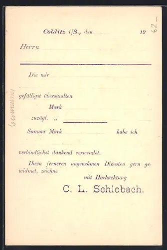 AK Colditz i. S., Kunstmühle C. L. Schlobach, Bestellkarte, Ganzsache