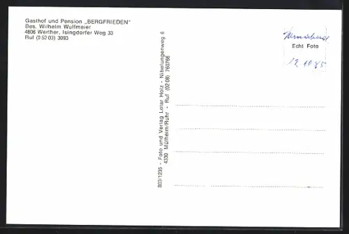 AK Werther / Westfalen, Gasthof-Pension Bergfrieden Isingdorf W. Wulfmeier, Isingdorfer Weg 33, mit Garten u. Saal