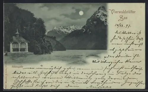 Mondschein-AK Tellskapelle /Vierwaldstätter See, Ortspartie mit Tellskapelle