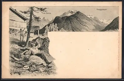 Künstler-AK Rosegg, Rosegggletscher, Berghütte mit Wanderer, Bernina und Rosegggletscher