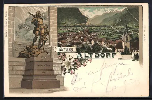 Lithographie Altdorf, Wilhelm Tell-Statue und Ortsansicht
