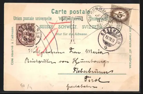 Lithographie Altdorf, Wilhelm Tell-Statue und Ortsansicht