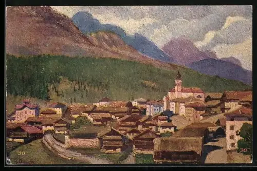 Künstler-AK Dosoledo, Ortsansicht mit Monte Popera