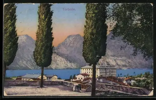 AK Torbole, Ortsansicht mit Wasser- und Bergblick