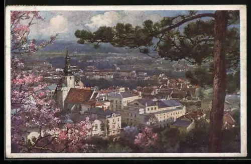 Künstler-AK Baden, Teilansicht der Stadt im Frühling