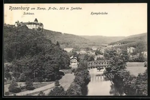 AK Rosenburg am Kamp, Ortsansicht mit Schloss und Kampbrücke aus der Vogelschau