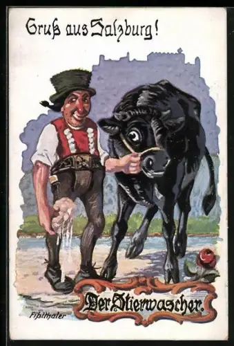Künstler-AK Salzburg, der Stierwascher, Mann mit schwarzem Stier, Schwamm in der Hand