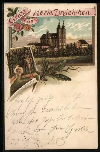 Lithographie Maria Dreieichen, Am Bründl, Blick zur Kirche