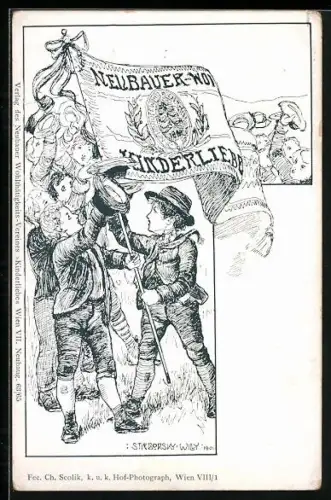 Künstler-AK Wien, Neubau, Neubauer Wohltätigkeits-Verein Kinderliebe, Knaben mit Vereinsfahne