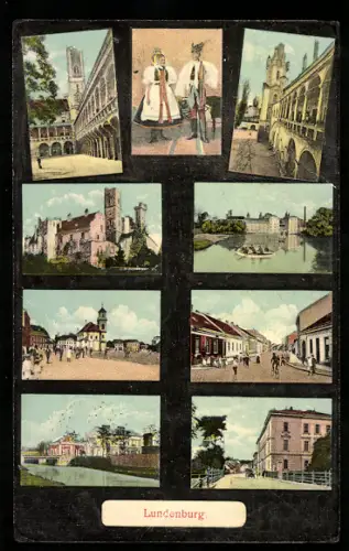 AK Lundenburg, Ansichten der Ortschaft, Marktplatz, Ortspartie, Pärchen in Tracht